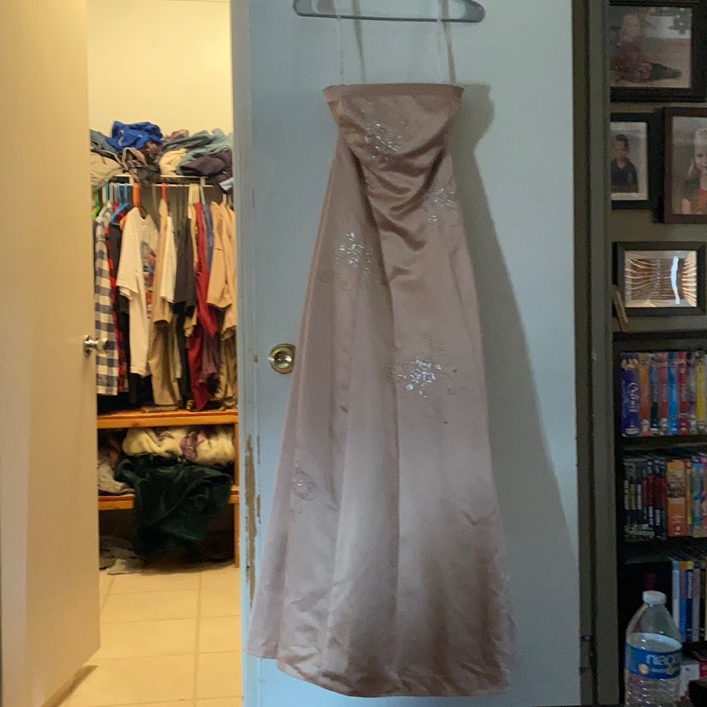 Baige colored beautiful strapless  prom dress with cubic zirconias